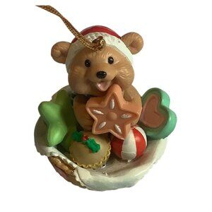 Christmas Bear in Basket Ornament Santa Hat Cookies 2” Resin Holiday